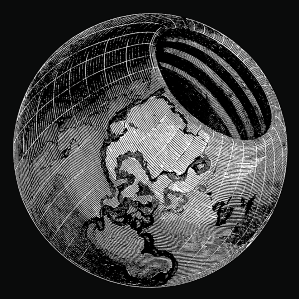 Antique engraving-style cross-section of the earth showing concentric interior spheres